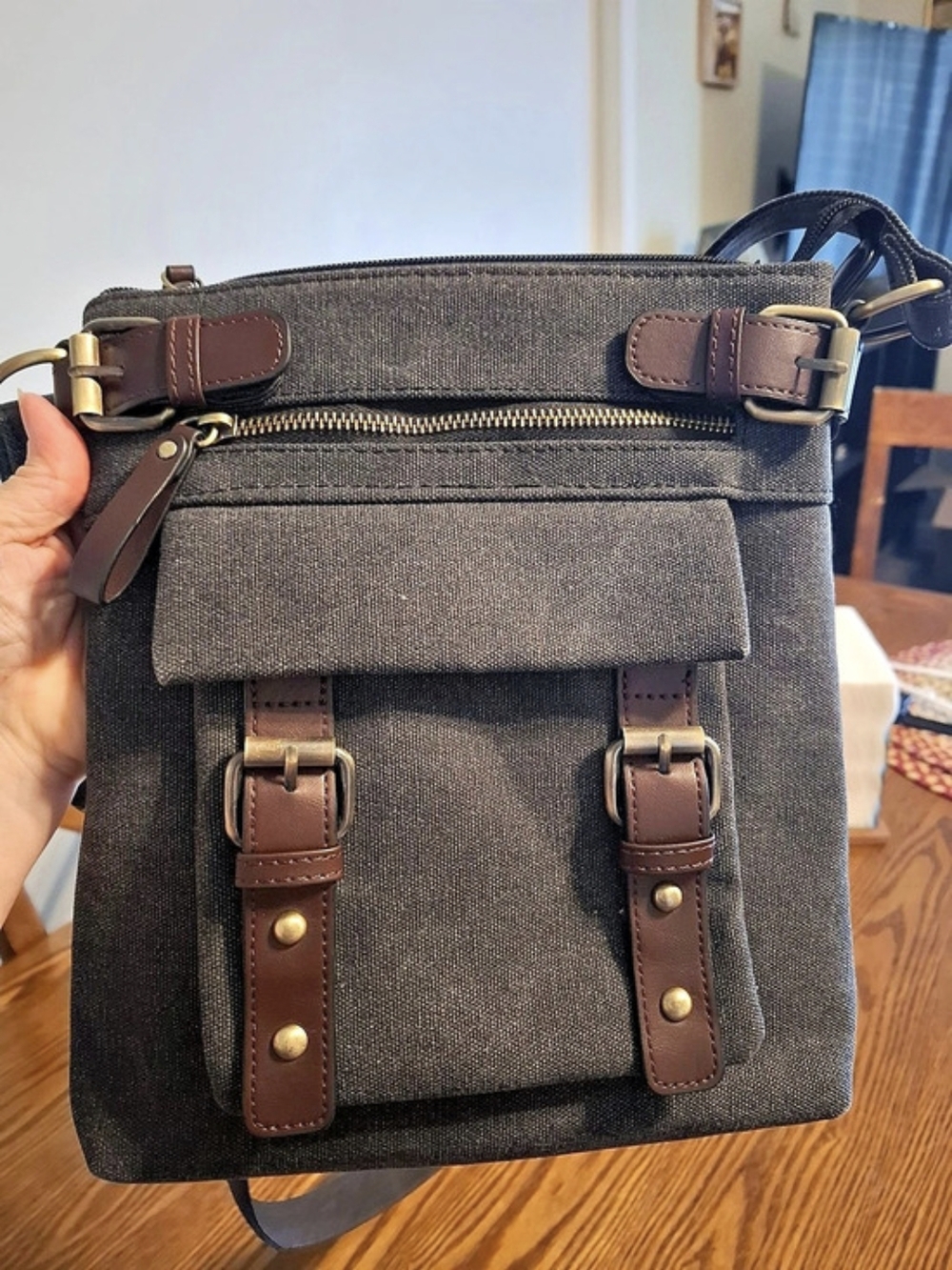 Canvas Messenger Crossbody Bag in Gray & Brown